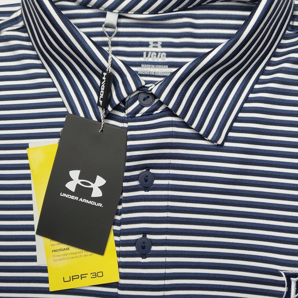 Under Armour Polo Shirt Mens Large UPF 30 Anti Odor Golf Performance Navy Stripe - Picture 4 of 10